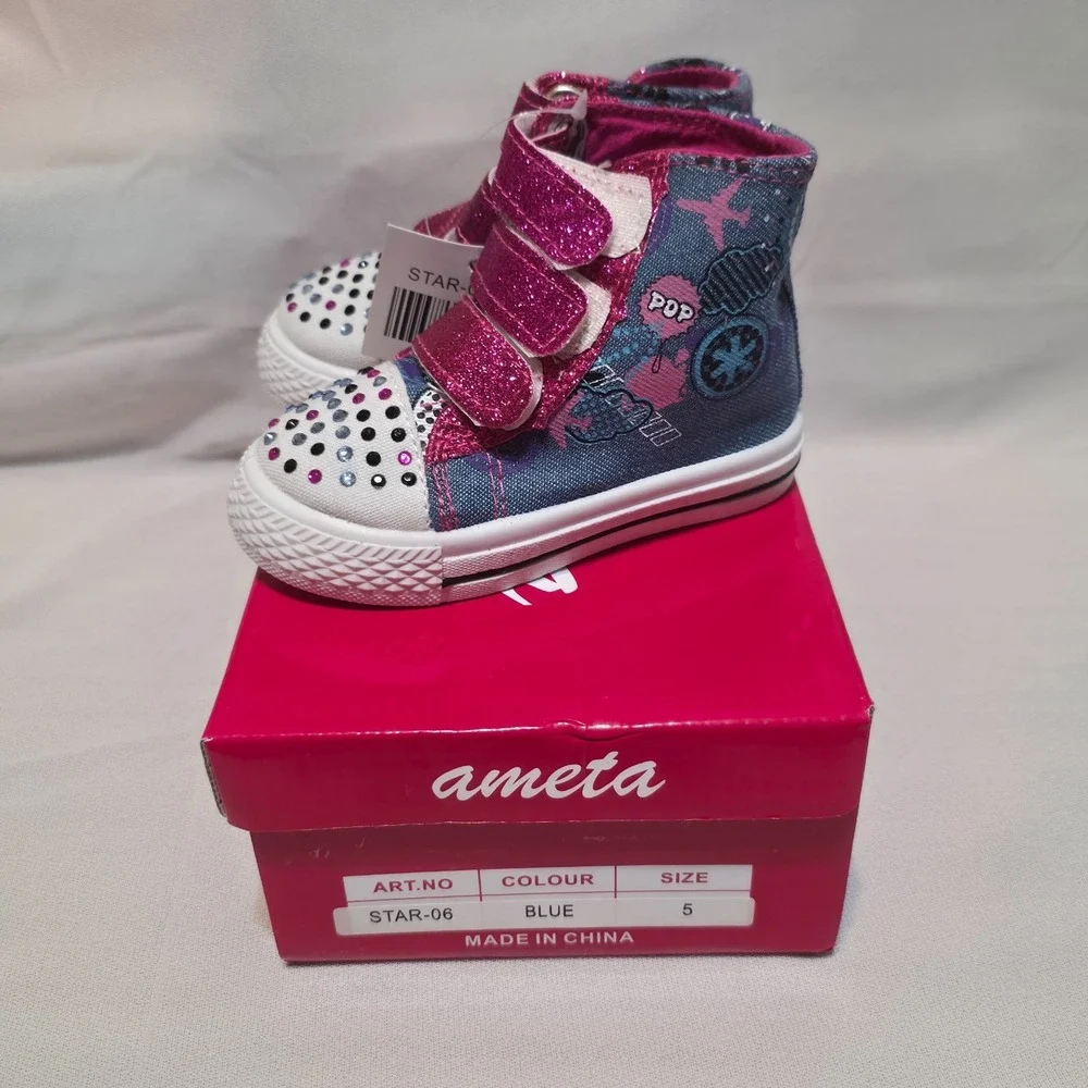 Ameta Toddler Girls High Top Hook & Loop Rhinestone Shoes Size 5 NWT‎